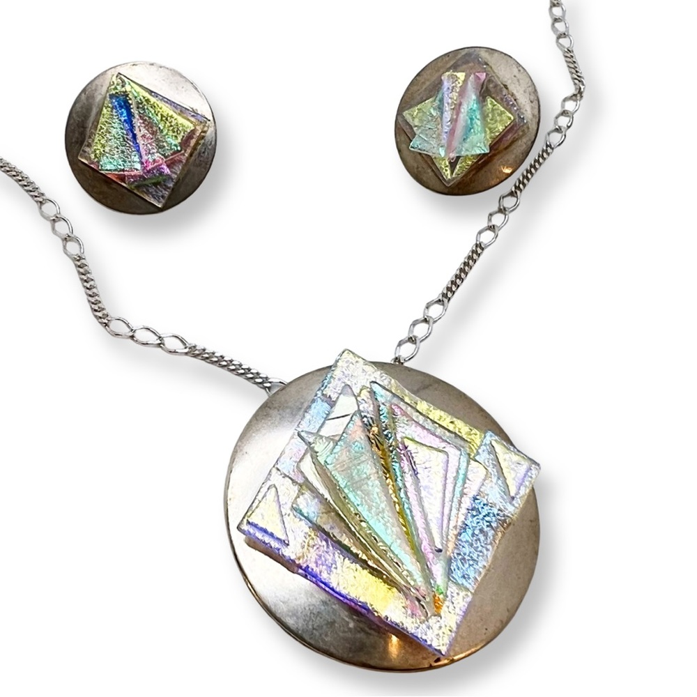 Handmade Artisan Fused Glass & Sterling Necklace w Earrings